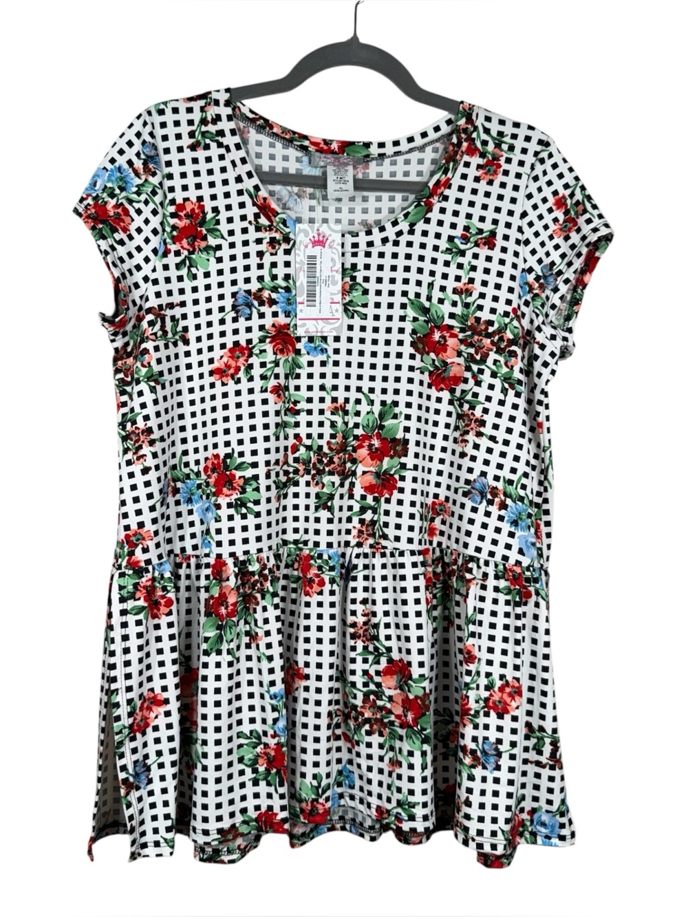 NEW Pretty Young Thing Black White Gingham Floral Peplum Hem Top Size XL